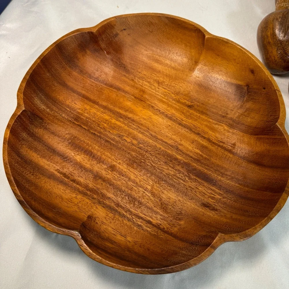Vintage Hand Carved Wooden Fruit Set with Scalloped Bowl MCM Decor‎ 10 Piece